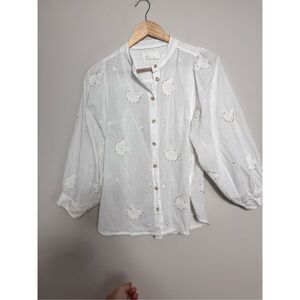 Anthropology beaded shell white casual button down blouse sz S